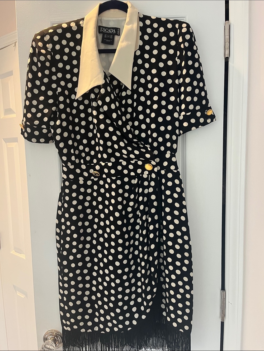 1980s Escada Black Polka Dot fringe Dress with Ivory Collar gold buttons